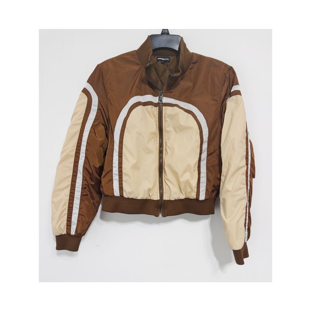 WAYDAMINSPORT Retro Brown Cream Bomber Jacket‎ sz L 70s Sporty Streetwear Zip Up